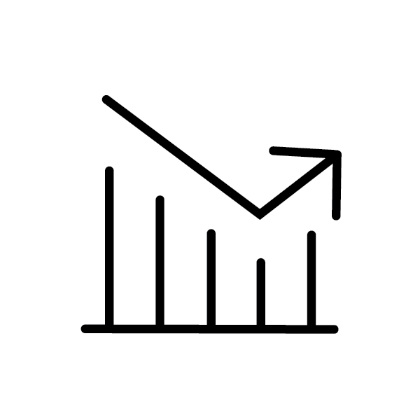 An icon of a bar graph beginning to trend upward after trending down