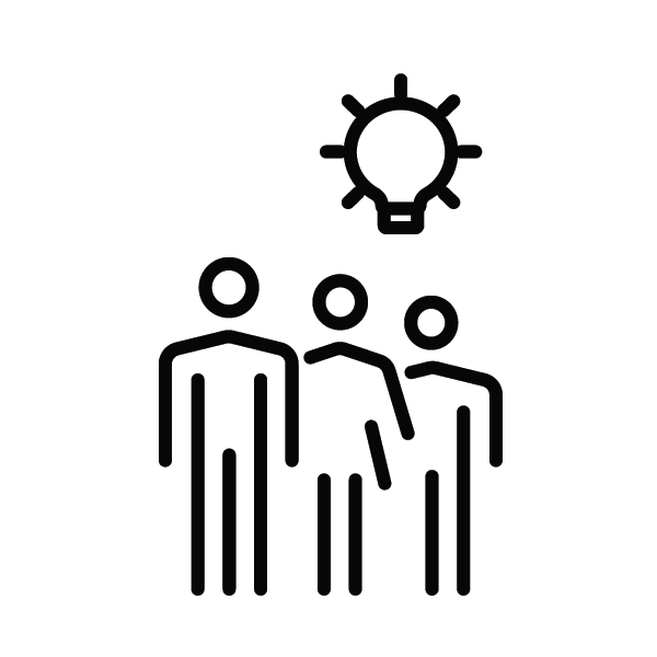 An icon of three people side by side, a lightbult above their heads
