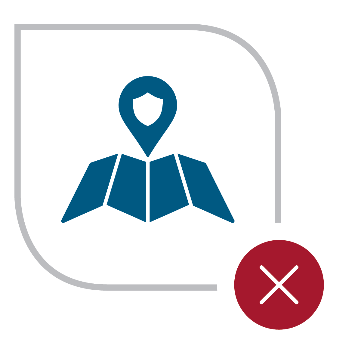 An icon of a map, a location pinpointed, and a red X in the bottom right corner