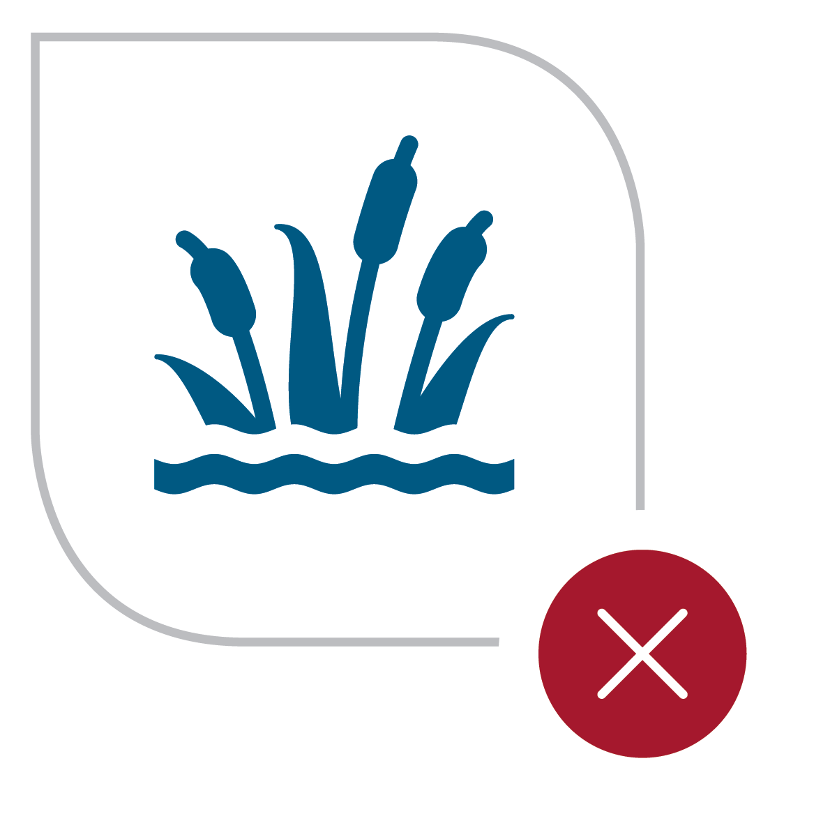 An icon of cattails in a swamp, with a red X in the bottom right corner